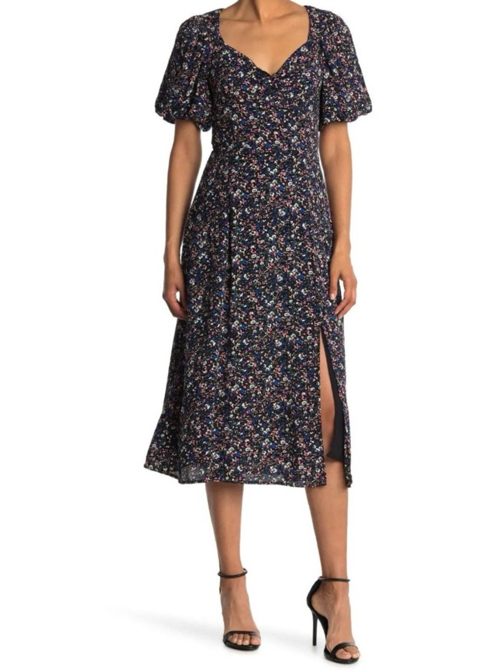 ASTR The Label Floral Puff Sleeve Midi Dress XS Navy Multi